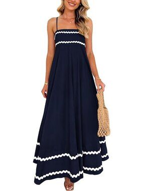 Womens NavyMaxi Dress With White Trim Spaghetti Straps Elastic Shirred Back Slee